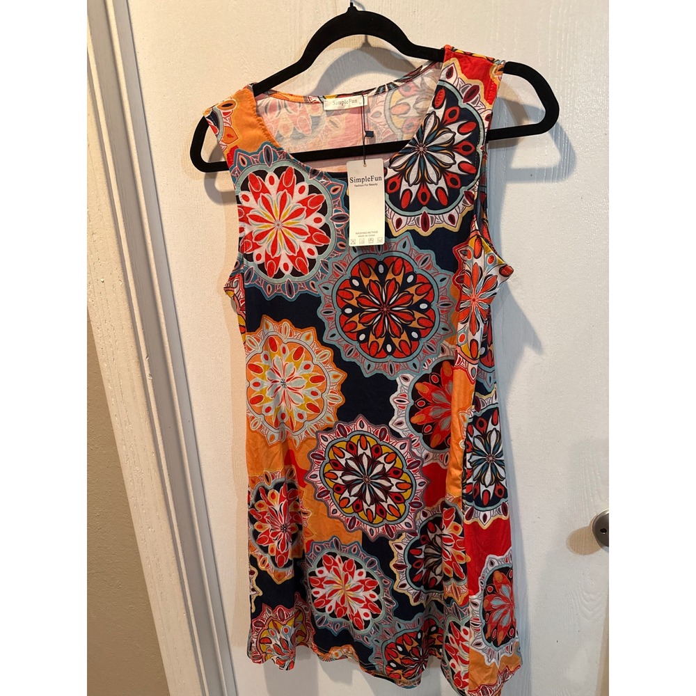SimpleFun Womens Mandala Floral Print Sleeveless Tunic Dress Orange Red Blue M
